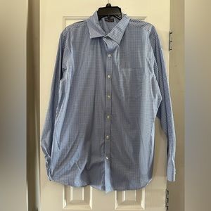 Van Heusen Dress Shirt Large 16 16 1/2 Blue Plaid Traveler Business Long Sleeve